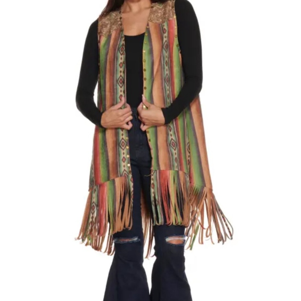 Cavender’s Serape fringed vest with stud details